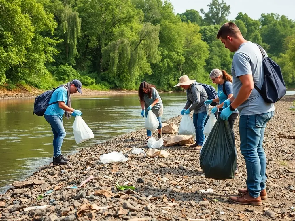 A volunteer team cleaning up debris from a riverbank, illustrating the organization's commitment to pollution prevention.
