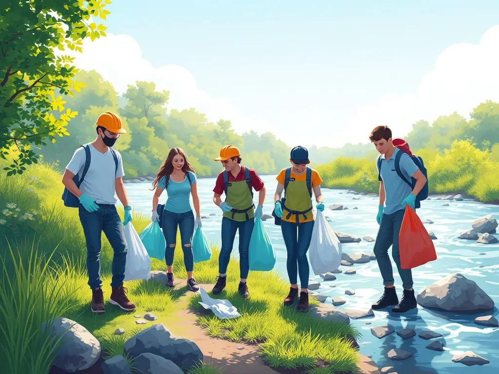 A photograph showcasing volunteers cleaning up a riverbank, removing litter and debris to protect the aquatic environment.