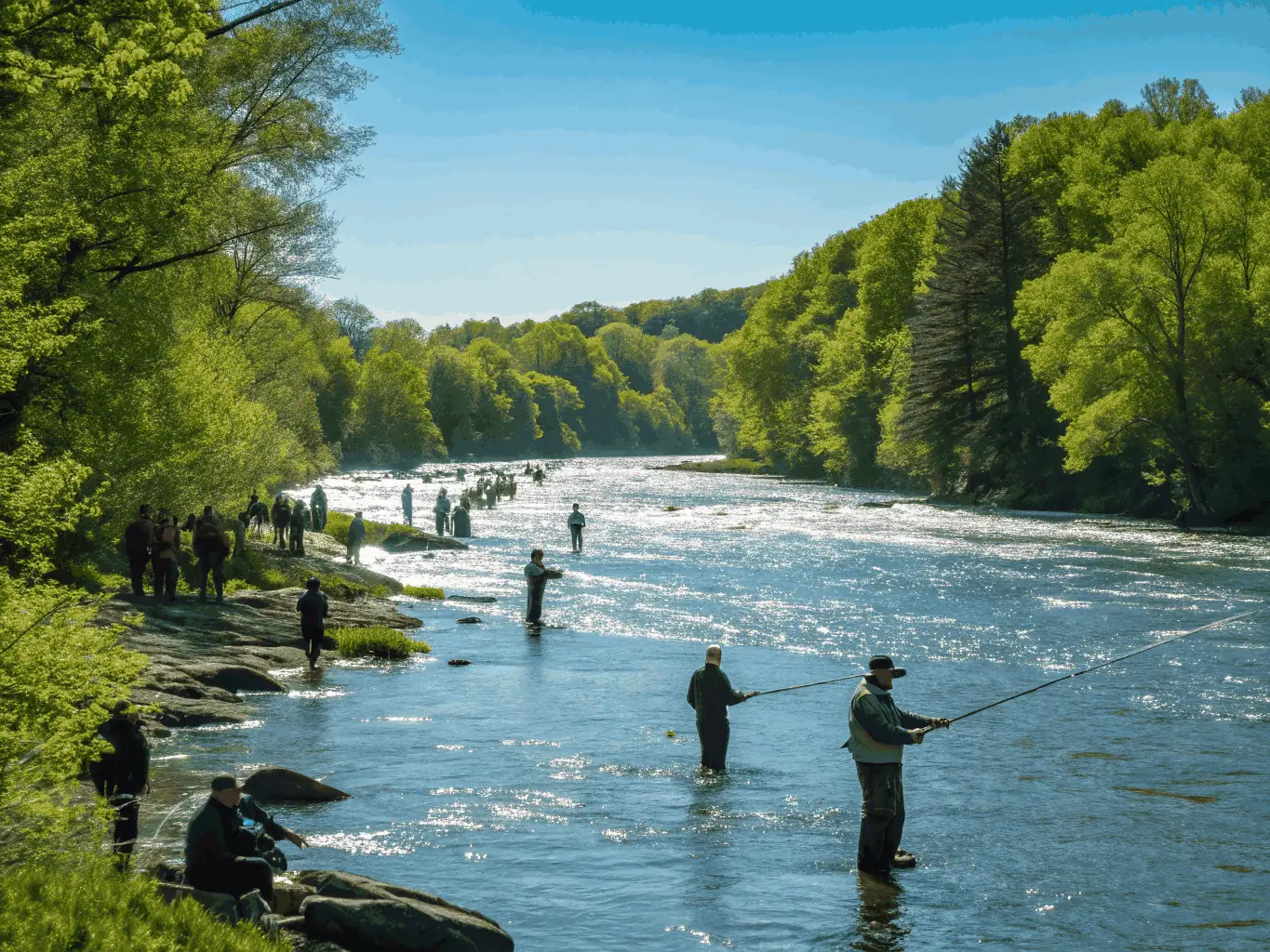 A picturesque view of the Seugne River, showcasing healthy fish habitats and anglers practicing responsible fishing.