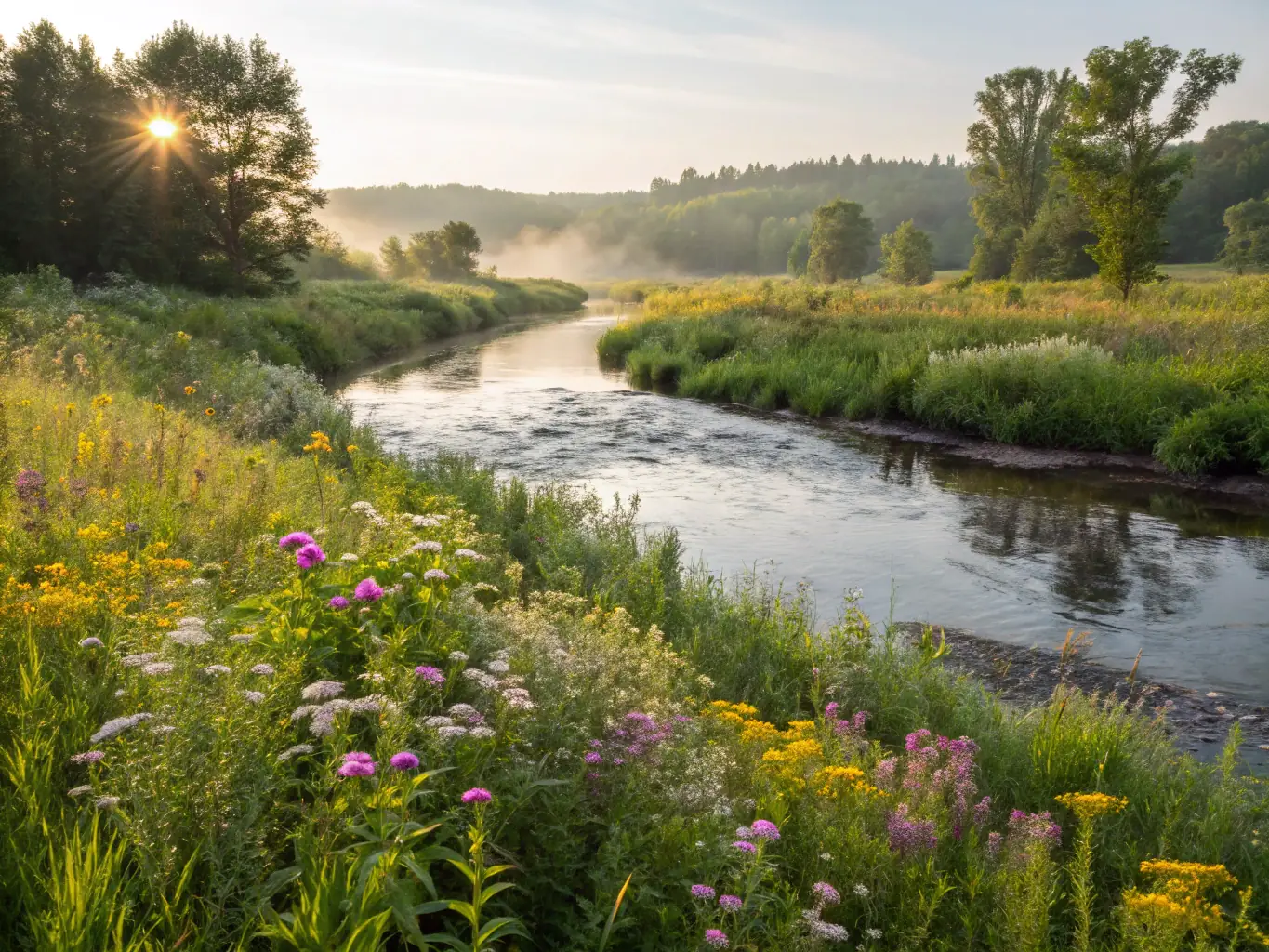A serene image of the Seugne River, showcasing healthy fish habitats and clear waters, reflecting the organization's commitment to fisheries management and conservation.