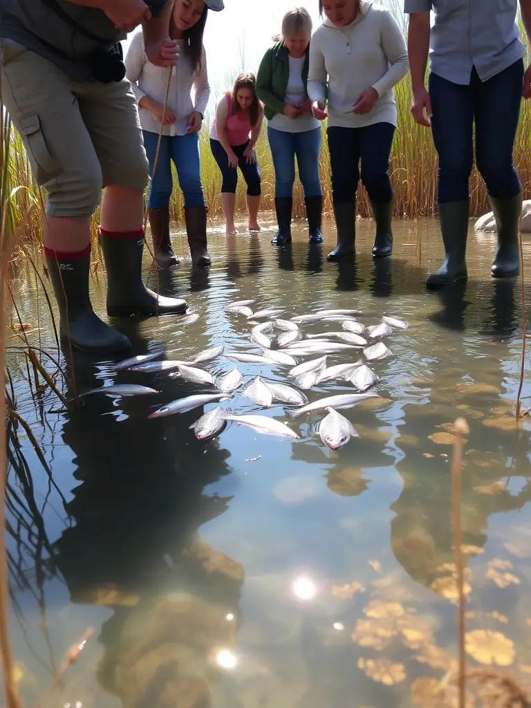 An image showing AAPPMA members releasing juvenile eels into the Seugne River as part of a restocking program to enhance the eel population.