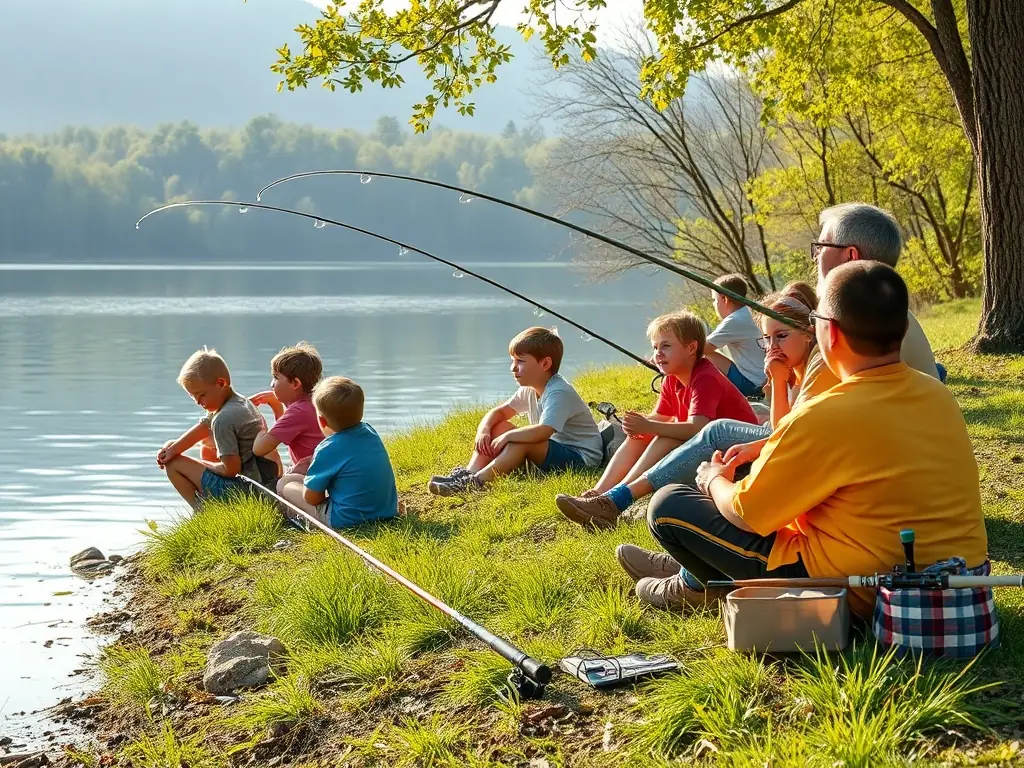 A group of children participating in an outdoor environmental workshop near the river.