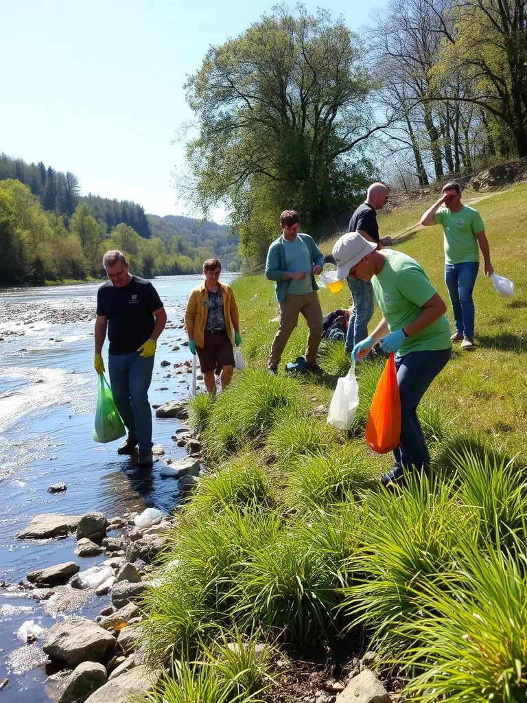 A photograph depicting volunteers from AAPPMA DES PECHEURS D'ANGUILLES DE LA SEUGNE participating in a river cleanup, removing debris and plastic waste from the Seugne River's banks.