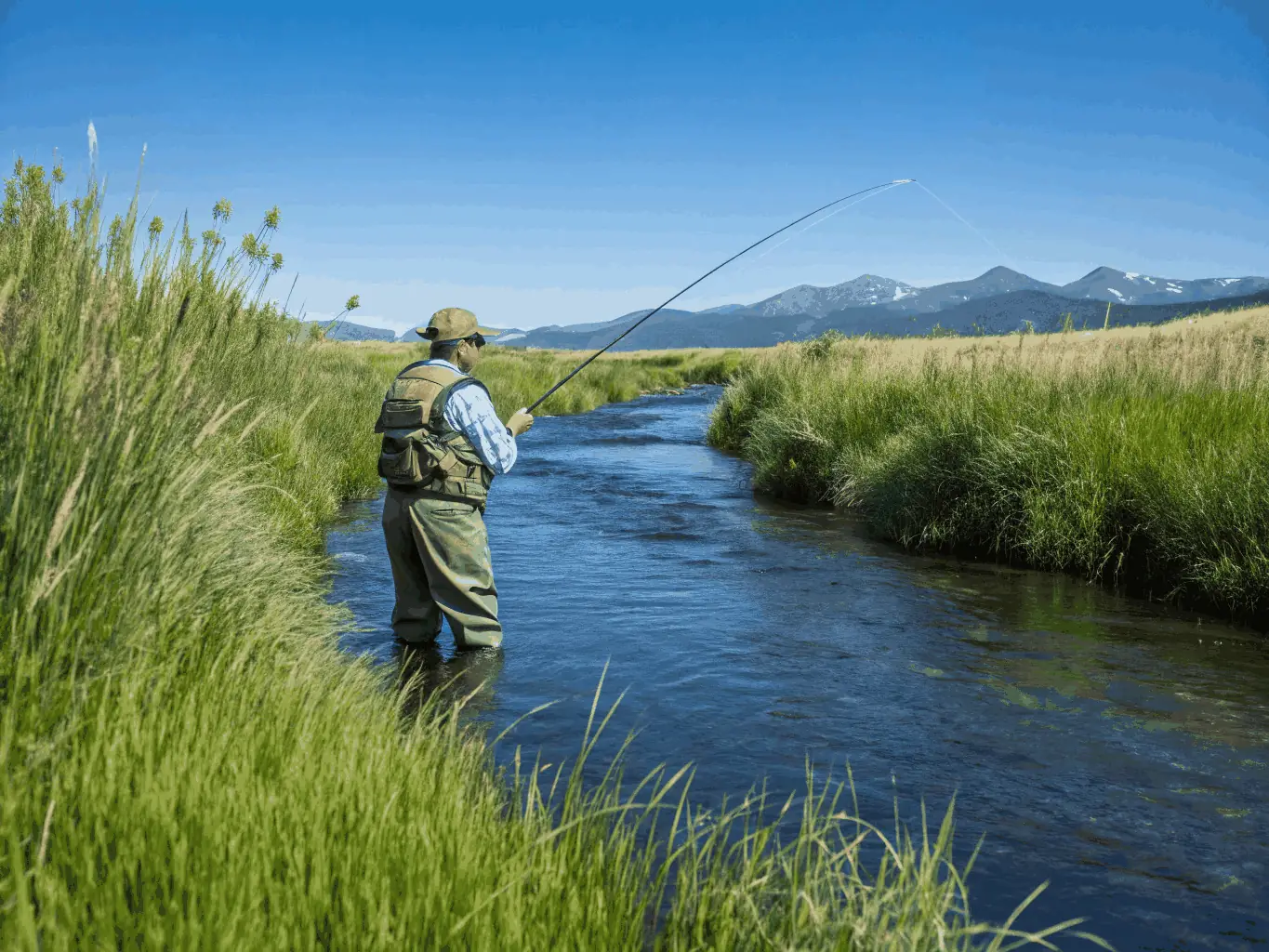 A serene image of anglers fishing responsibly along a lush riverbank, highlighting sustainable fishing practices.