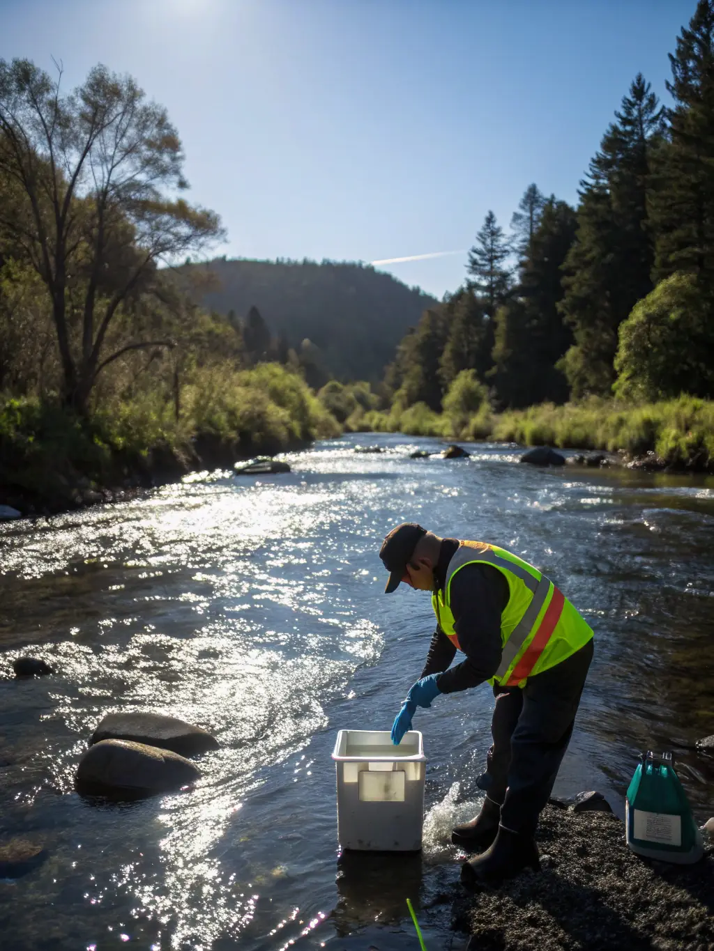 A photo of AAPPMA staff conducting water quality testing in the Seugne River, collecting samples and analyzing them to monitor pollution levels.